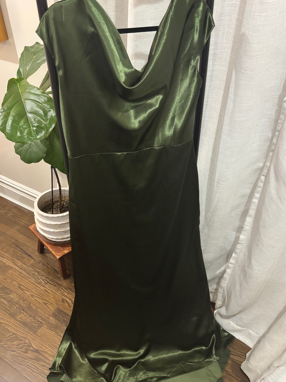 Crystal Satin Cowl Neck Slip Dress in Deep Olive